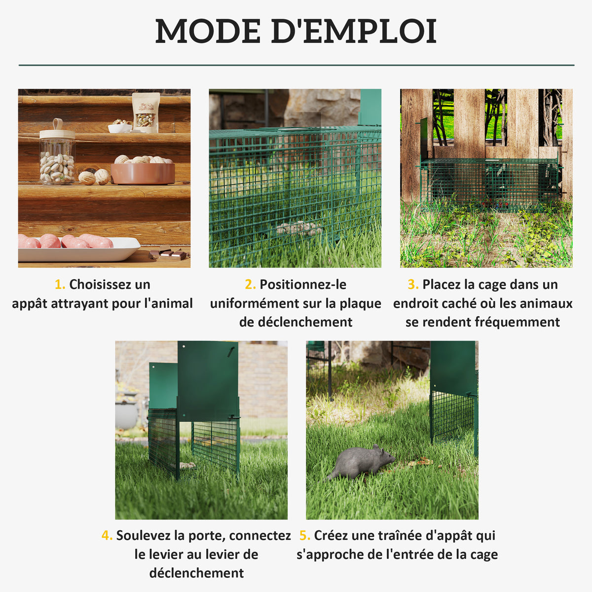 Piège Vivant Cage Attrape 60 x 18 x 20 cm Piège Fouine pour Martres, Rats, Souris - 2 entrées + poignée - métal vert-4