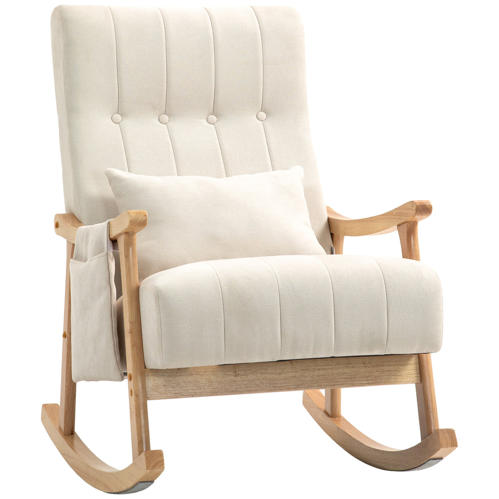 Fauteuil à bascule, Rocking Chair en Tissu Efft Lin, Coussin Lombaire, Assise Rembourrée, Pieds en Bois d'Hévéa, Beige-0