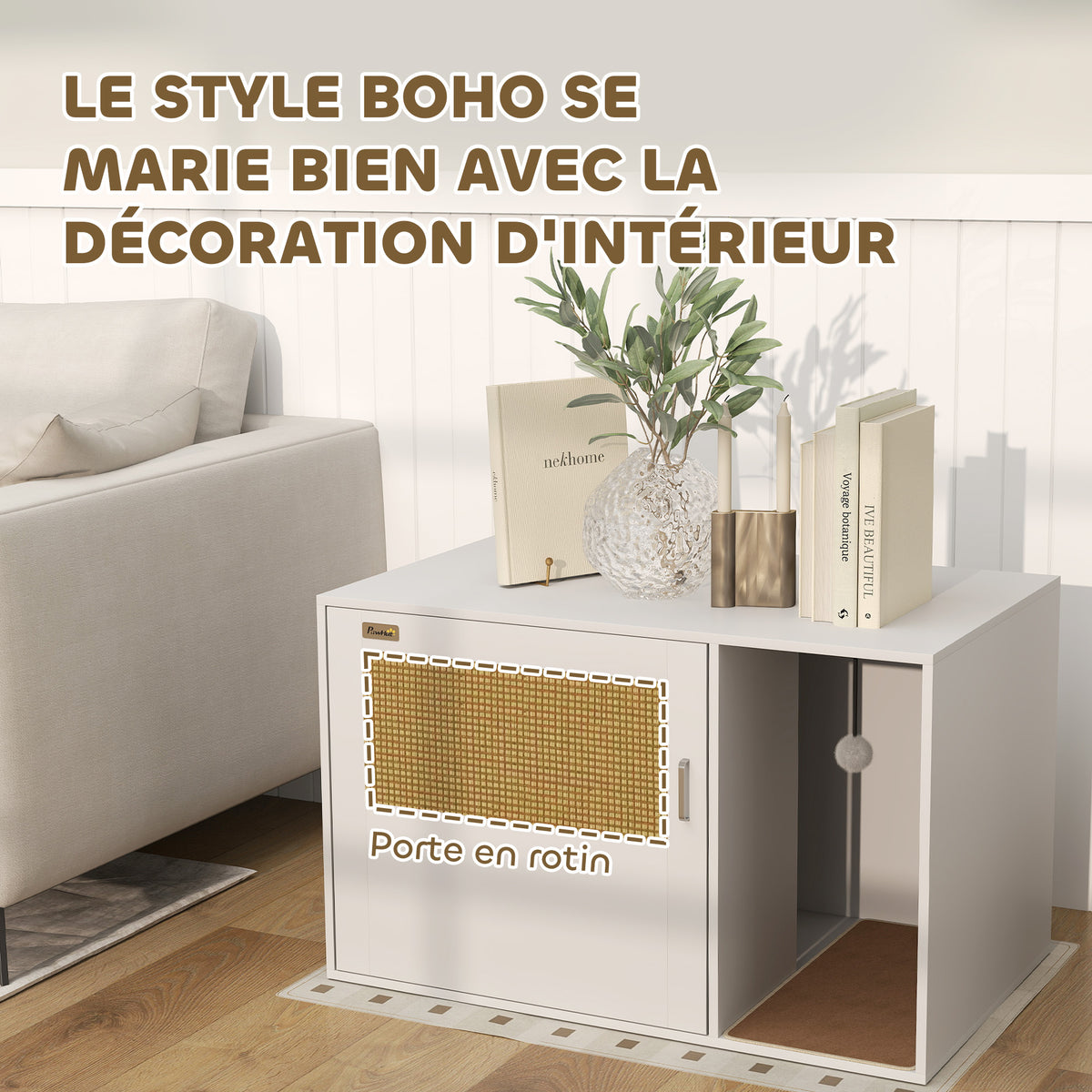 Maison de toilette chat meuble litière pour chat tapis griffoir porte avec poignées style bohème 80 x 50 x 50 cm blanc-5