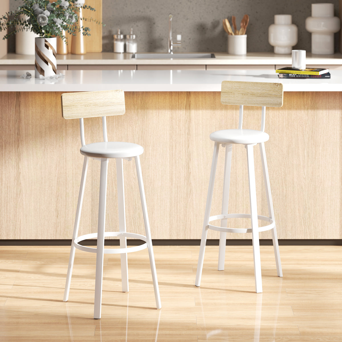Lot de 2 tabourets de bar, chaises de bar, assise rembourrée 75,5H cm, dossier et repose-pieds, bois naturel et blanc-1