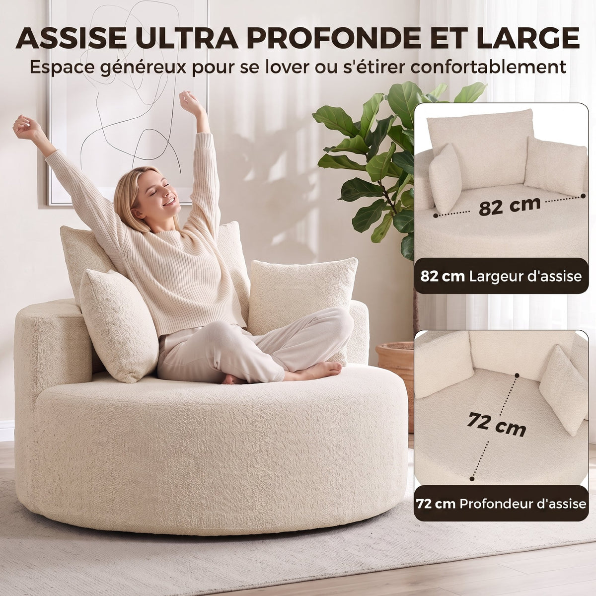 Pouf Canapé Rond en Chenille, Grande Assise, 2 Coussins, 1 Dossier, 1 Traversin, Charge 250kg, 130x130x82cm, Crème-3