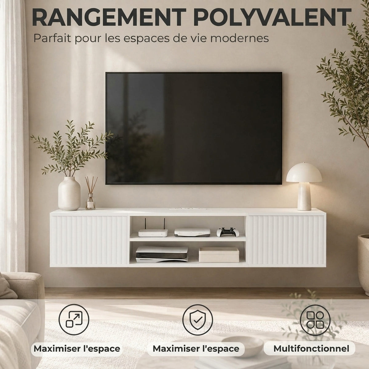 Meuble TV Suspendu Flottant 140cm avec Éclairage LED et Prises, 2 Portes Cannelées et Étagère Réglable, Blanc-3