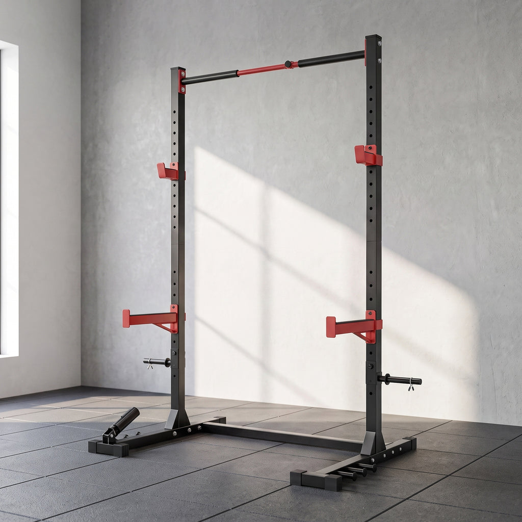 Power Tower Multifonction Charge 500 kg Largeur Réglable, Barre de Traction, Rack de Squat, 176x106x212cm, Rouge-1