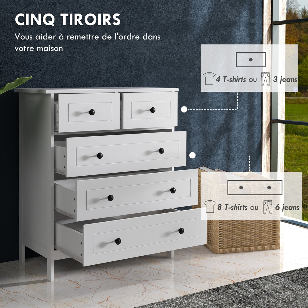 Commode meuble de rangement 5 tiroirs pour chambre, bureau, entrée, blanc et poignée métal noir-4