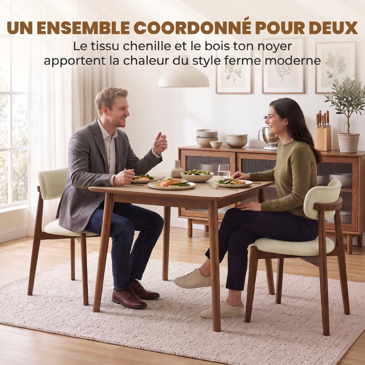 Lot de 2 Chaises Salle à Manger, Chaises de Cuisine en Chenille avec Dossier Incurvé, Assise Rembourrée, Beige-3