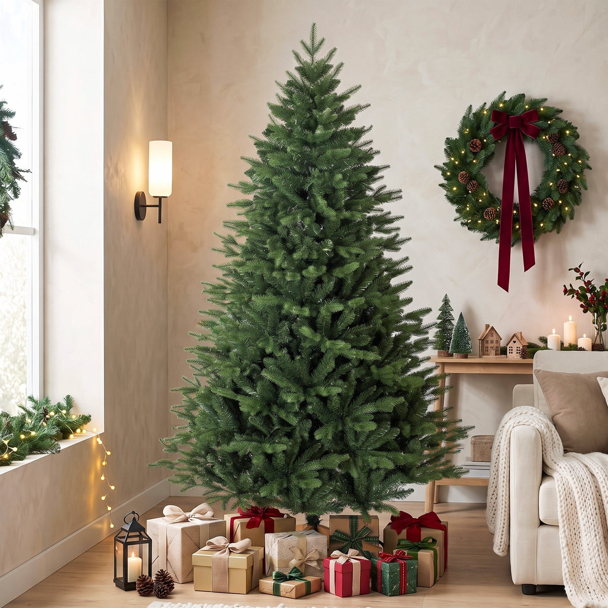 Sapin de Noël Artificiel 180 cm, Arbre de Noël avec 889 Pointes de Branches Articulées Réalistes, Support en Bois, Vert-1