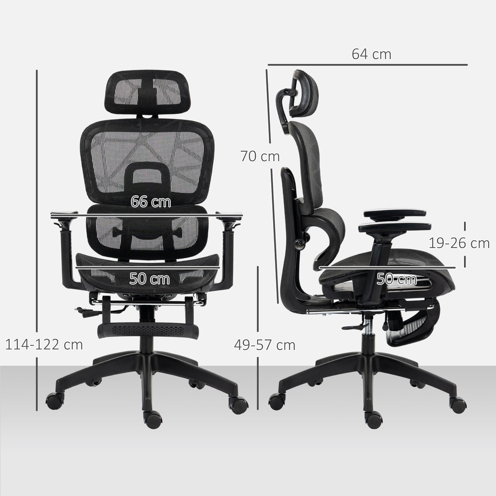 Fauteuil de bureau, chaise de bureau ergonomique en maille avec accoudoirs 3D, dossier inclinable, 66x64x122 cm, noir-2