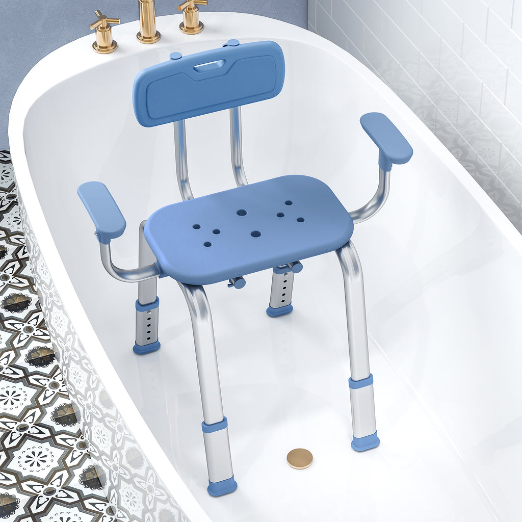 Tabouret de douche chaise de douche ergonomique avec accoudoirs, dossier, hauteur et siège réglables, bleu-9