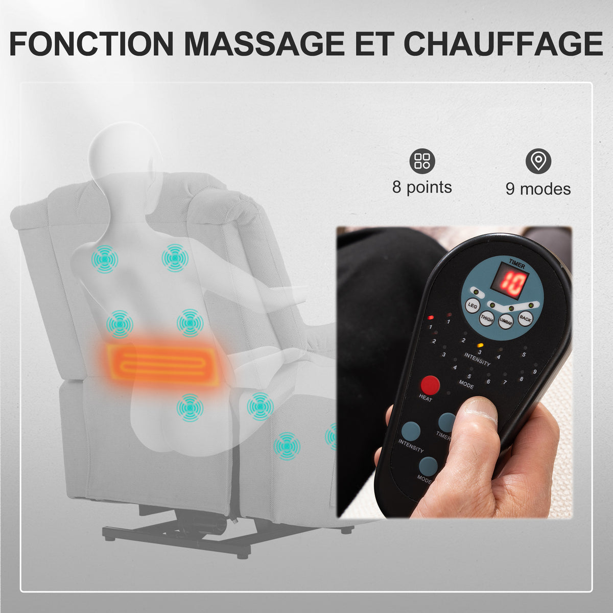Fauteuil releveur électrique avec fonction massage et chauffage, fauteuil relax électrique dossier inclinable gris foncé-4