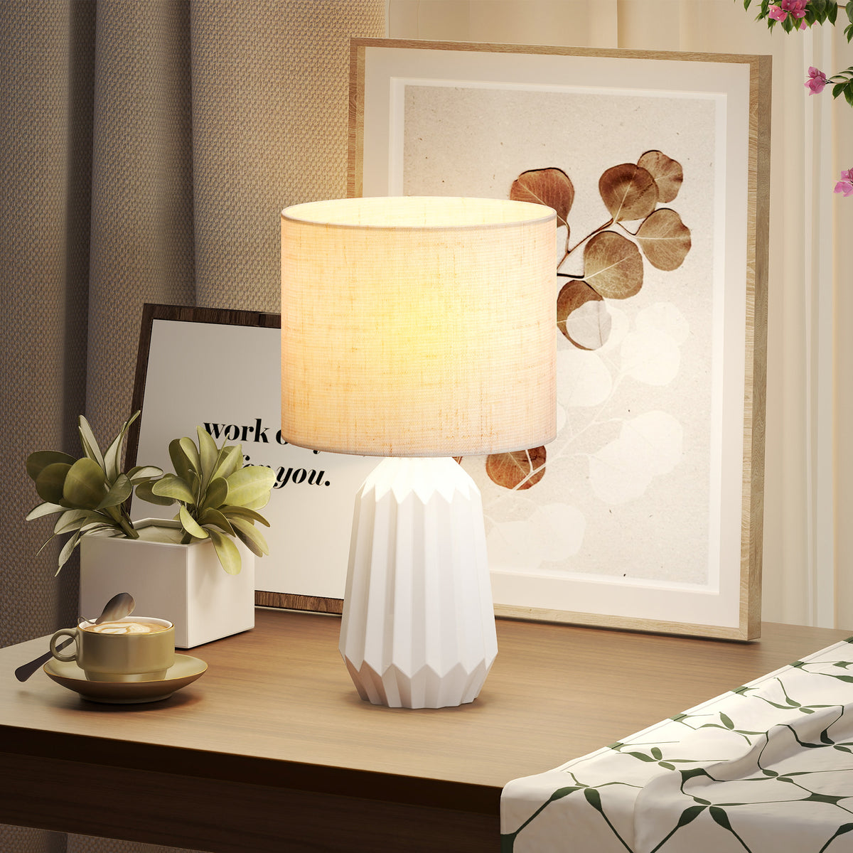 Lampe de Table avec Base en Céramique et Abat-Jour en Lin, Lampe de Chevet avec Interrupteur, Culot E27, Blanc et Beige-1