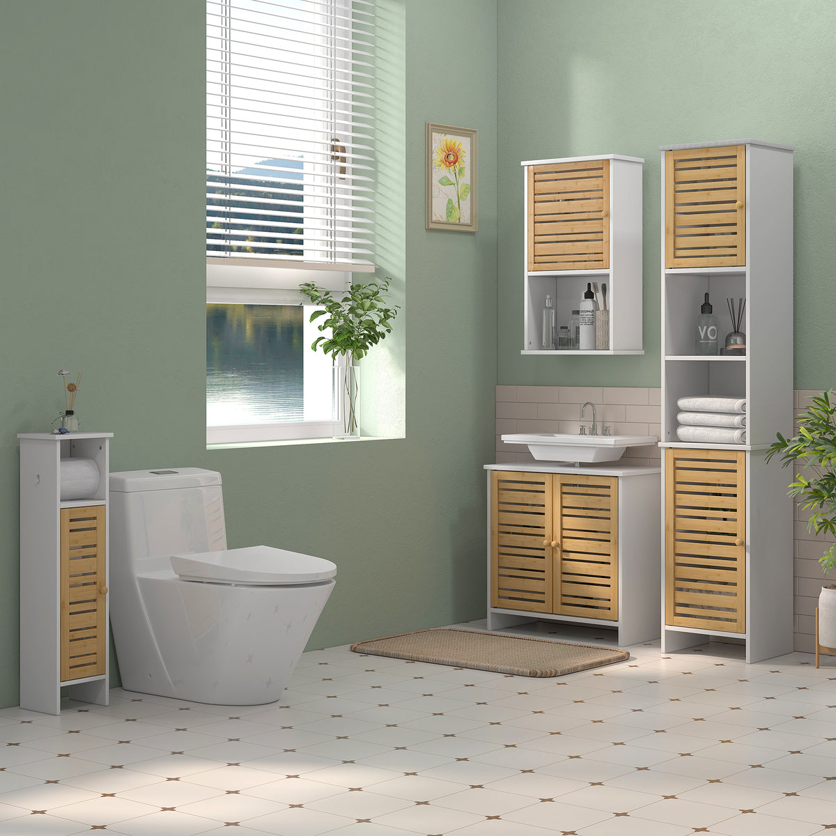 Meuble sous vasque de salle de bain 2 portes étagère réglable armoire de rangement pour lavabo 60x30x60 cm bambou blanc-1