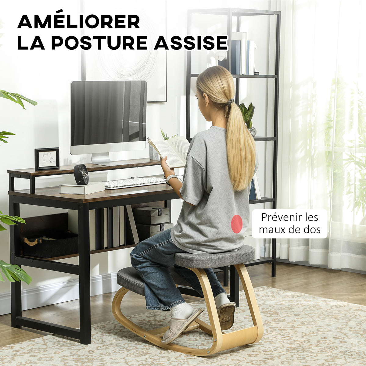 Siège assis genoux, siège ergonomique en bois à bascule, chaise à genoux pour bureau à domiciles, gris-3