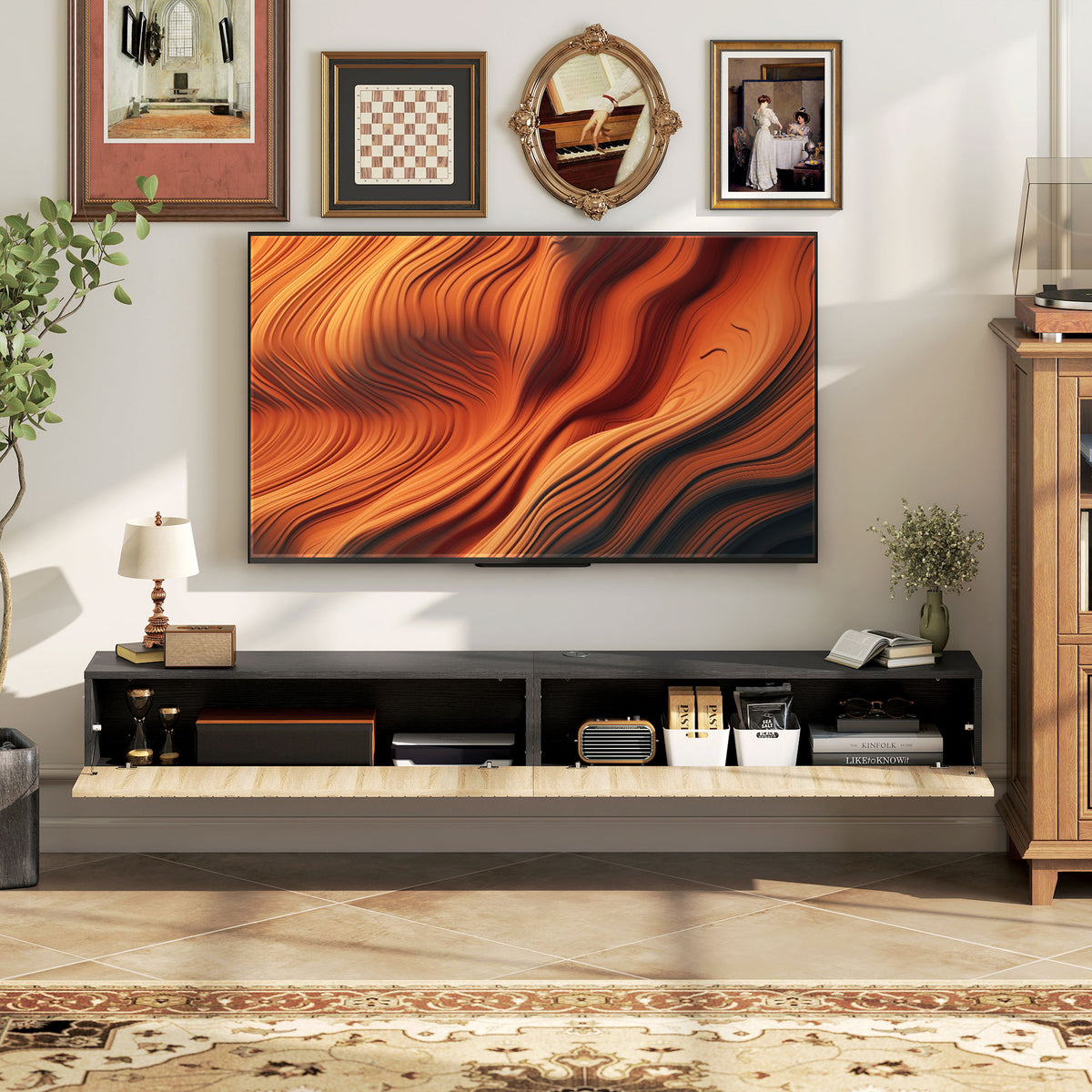 Meuble TV suspendu 140cm, meuble télé pour téléviseur 72 pouces, 2 portes rabattables, 140x25x22cm, bois naturel et noir-6