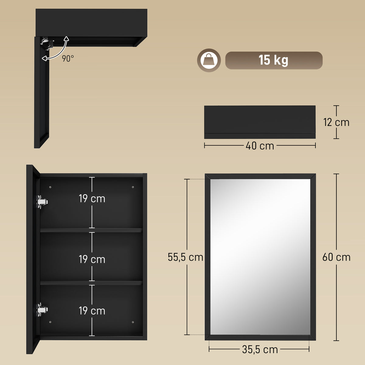 Armoire miroir de salle de bain armoire murale armoire à glace avec 1 porte et 2 étagères en acier 40 x 12 x 60 cm noir-2