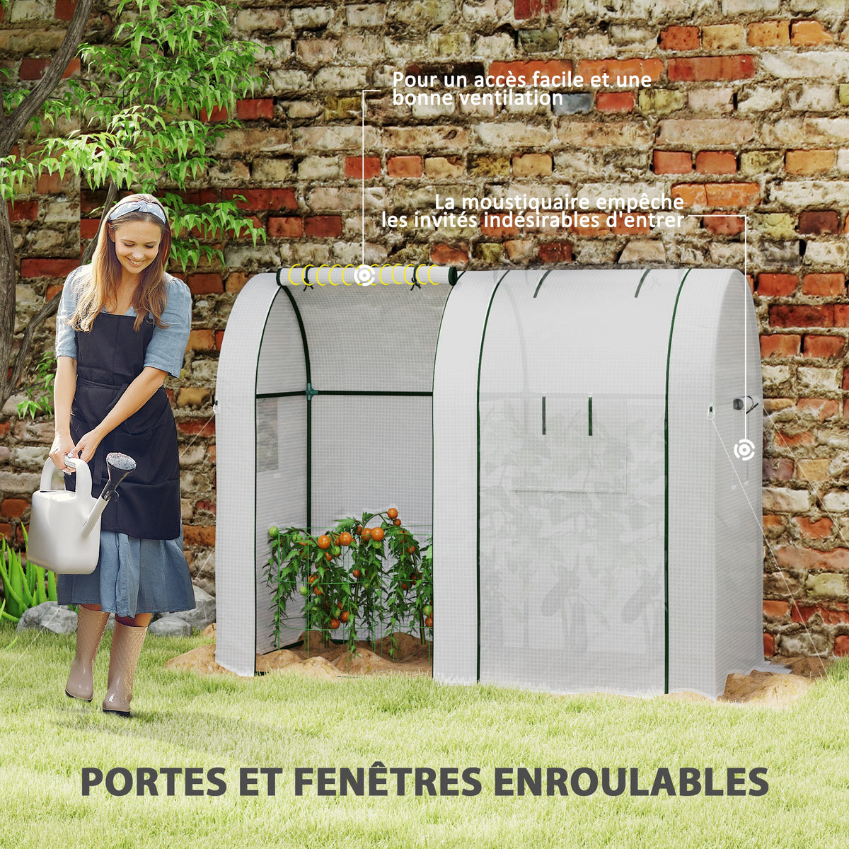 Serre de jardin 1,8 m² serre à tomates 2 portes zippées déroulantes 4 fenêtres enroulables acier PE 135 g/m² blanc-5