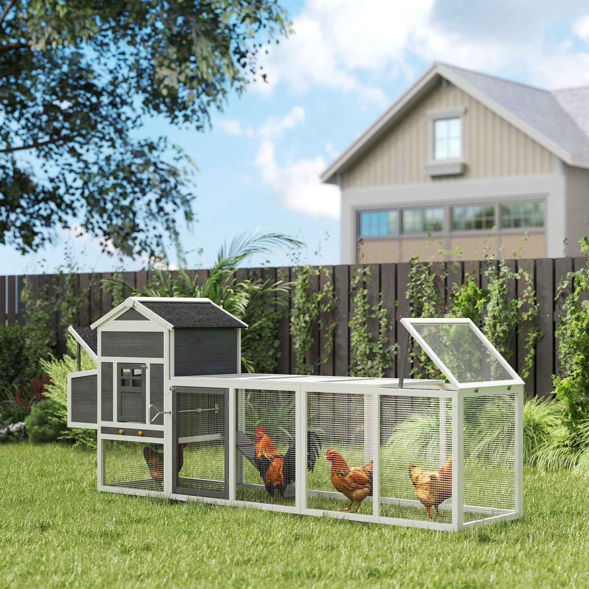 Poulailler en bois poulailler pour poules extérieur avec pondoir bac amovible en bois massif 297,5 x 68 x 118 cm blanc-1