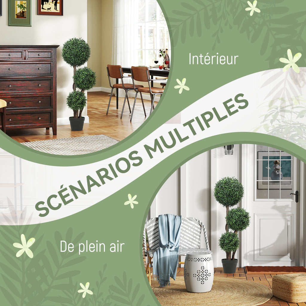 Plante Artificielle 100 cm, 3 Boules de Buis, Pot, Facile à Nettoyer, Arbre Artificiel Intérieur Extérieur, Vert-4