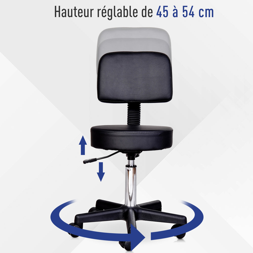 Tabouret massage a roulettes reglable en hauteur pivotant avec dossier ergonomique noir-4