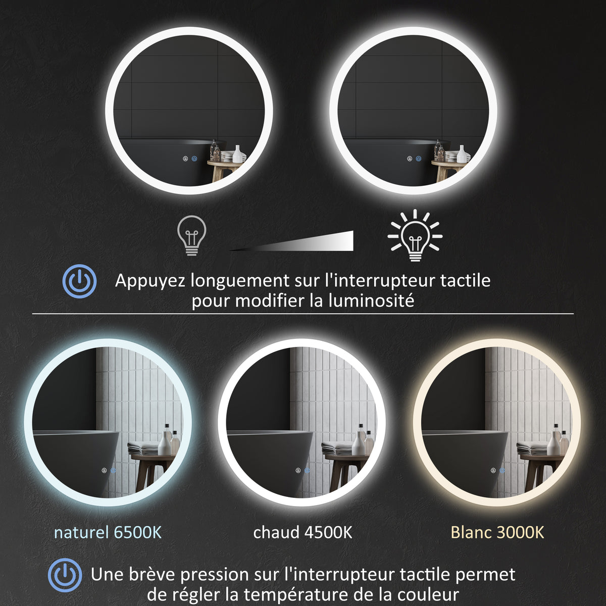 Miroir rond lumineux LED de salle de bain Ø 60 cm mural avec éclairage 3 couleurs interrupteur tactile 29 W gris-4