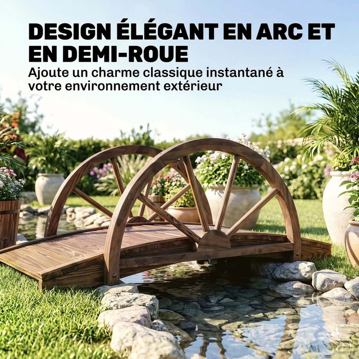 Pont de jardin en bois, avec balustrade à demi-roues charge max. 150 KG, 100 x 50 x 37 cm, marron-3