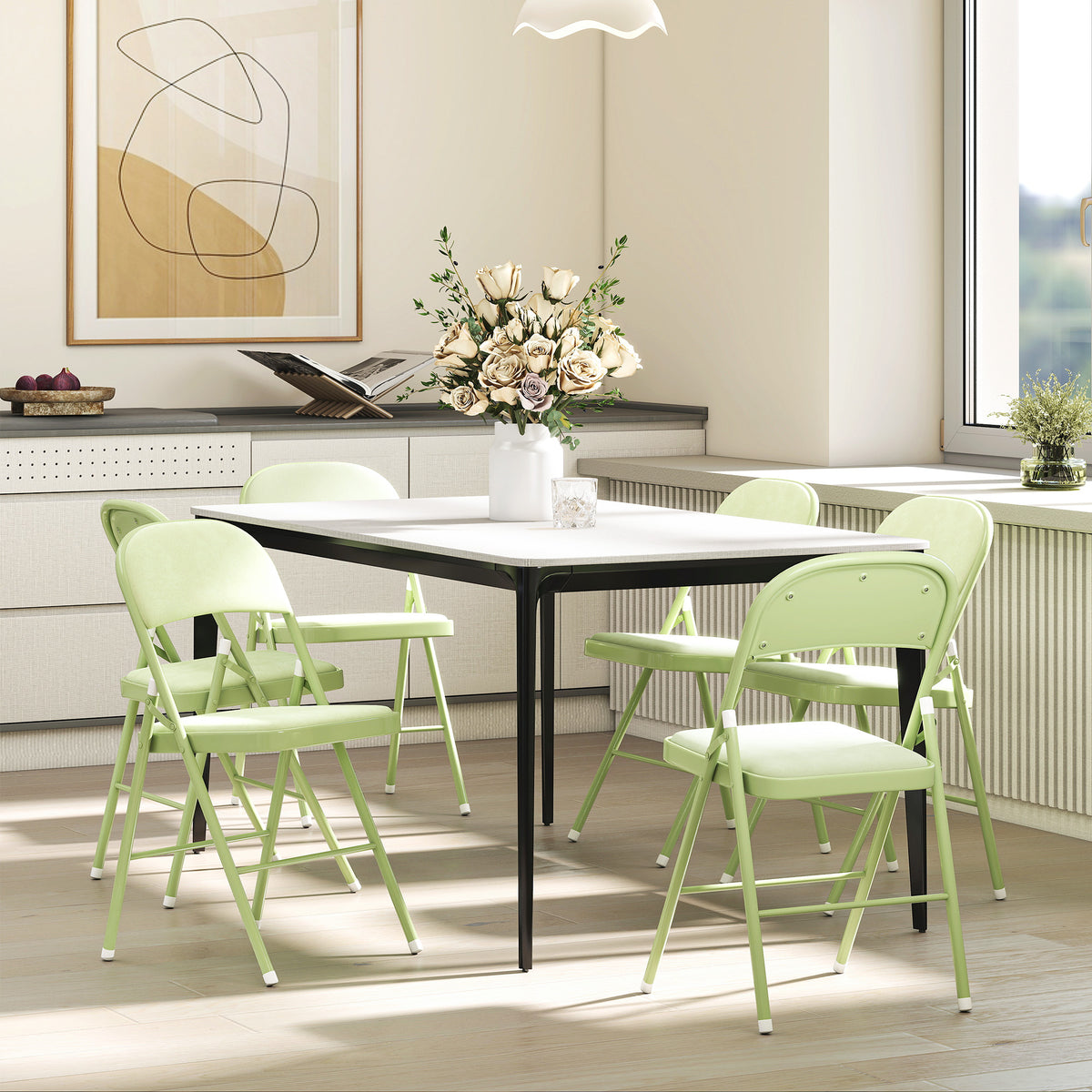 Lot de 4 chaises pliantes et portables intérieur avec assises et dossiers rembourrés en velours, cadre en acier, vert-8