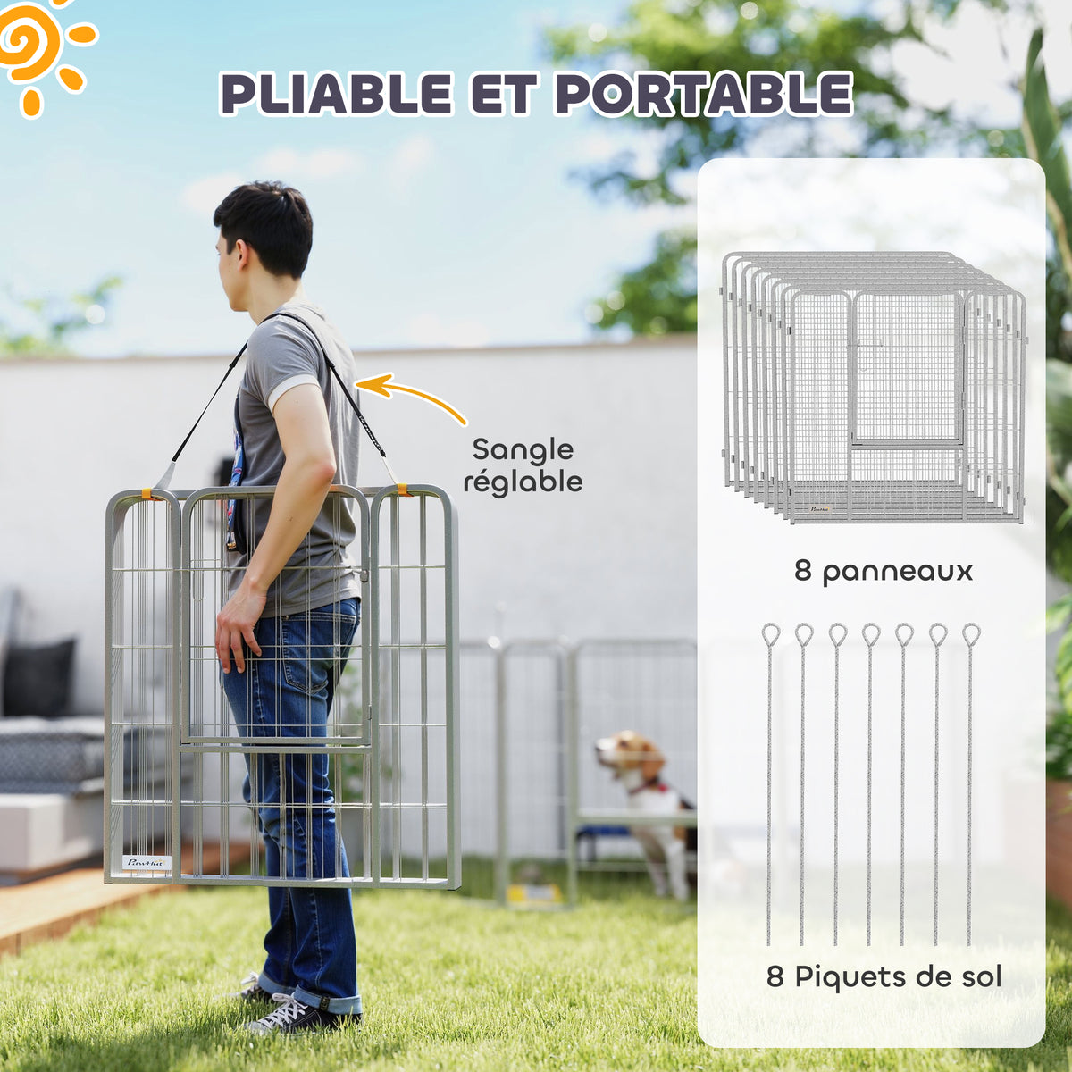 Parc pour chien enclos chien 8 panneaux modulable pliable acier avec porte pour chiot intérieur extérieur 80H cm argent-5