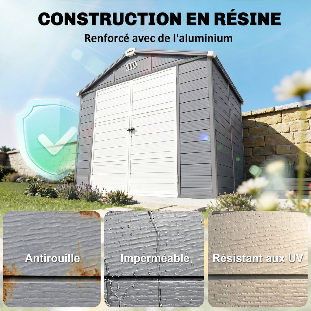 Abri de jardin en résine 4,56 m² avec kit de fondation galvanisé structure en aluminium 240 x 190 x 228 cm gris foncé-3