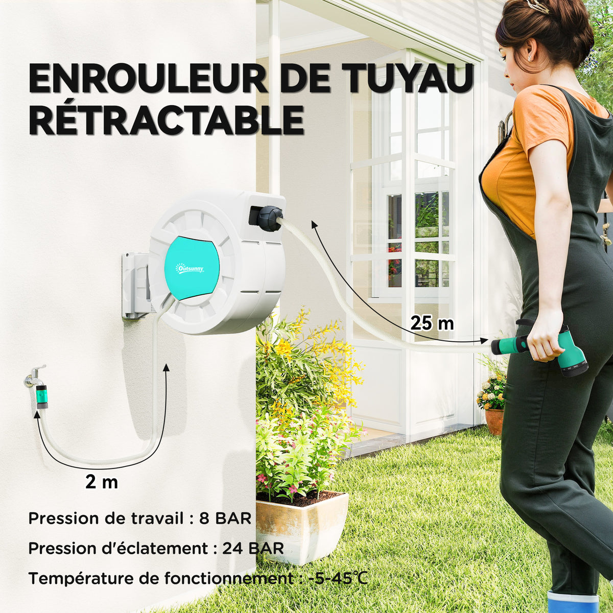 Enrouleur tuyau arrosage dévidoir de tuyaux d'eau 35+2 m support mural + poignée pivotant à 180° 55 x 20 x 42 cm gris clair-3