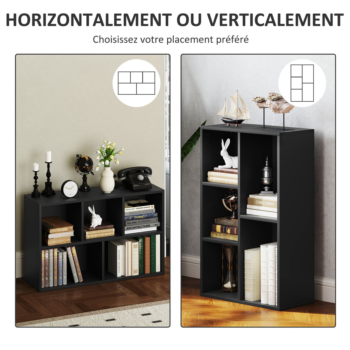 Bibliothèque étagère de rangement avec 5 compartiments, pour salon chambre à coucher bureau, 50x24x80cm, noir-4