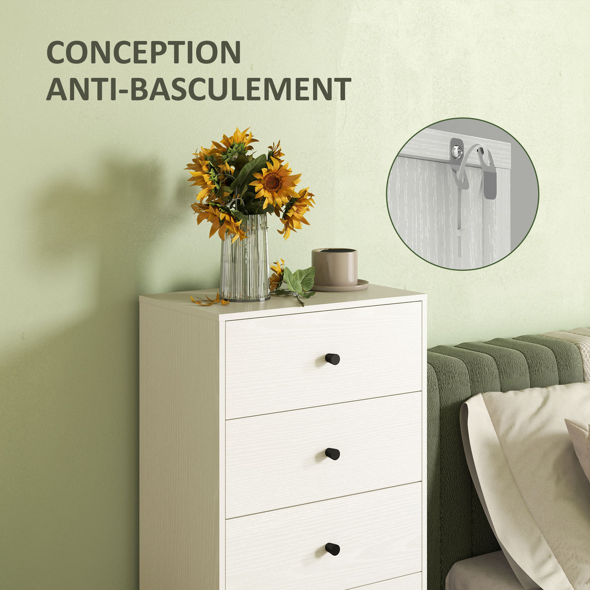 Commode 5 tiroirs, meuble de rangement haut et étroit, style moderne pour chambre à coucher, salon - 47x29x95cm, crème-4