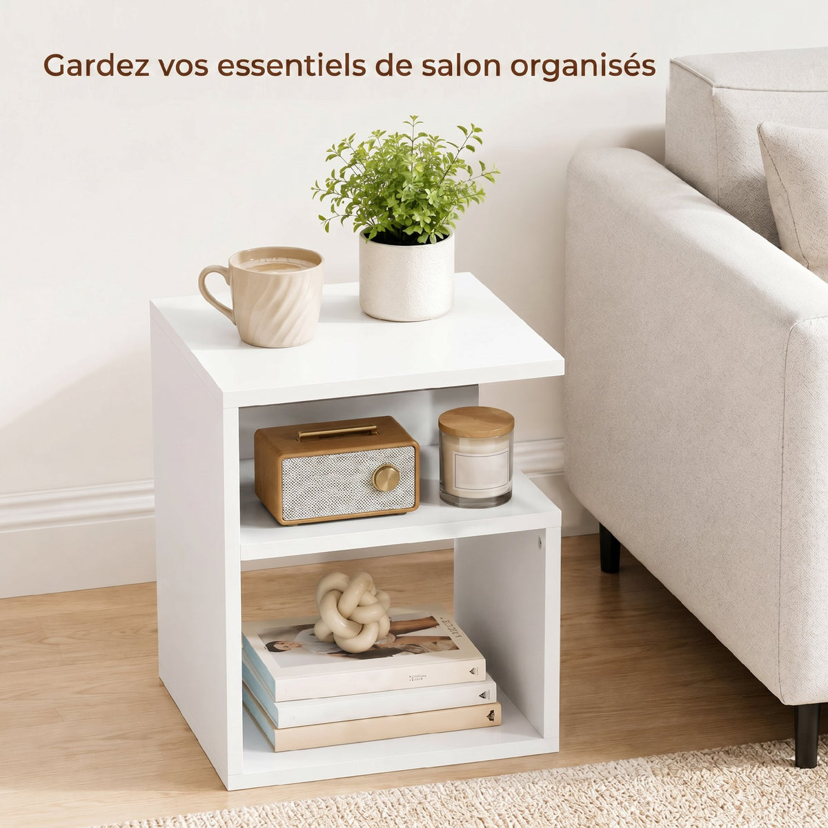 Table d'Appoint, Table Basse Moderne 3 Niveaux avec Étagères Ouvertes, pour Salon, Chambre ou Bureau, Blanc-4