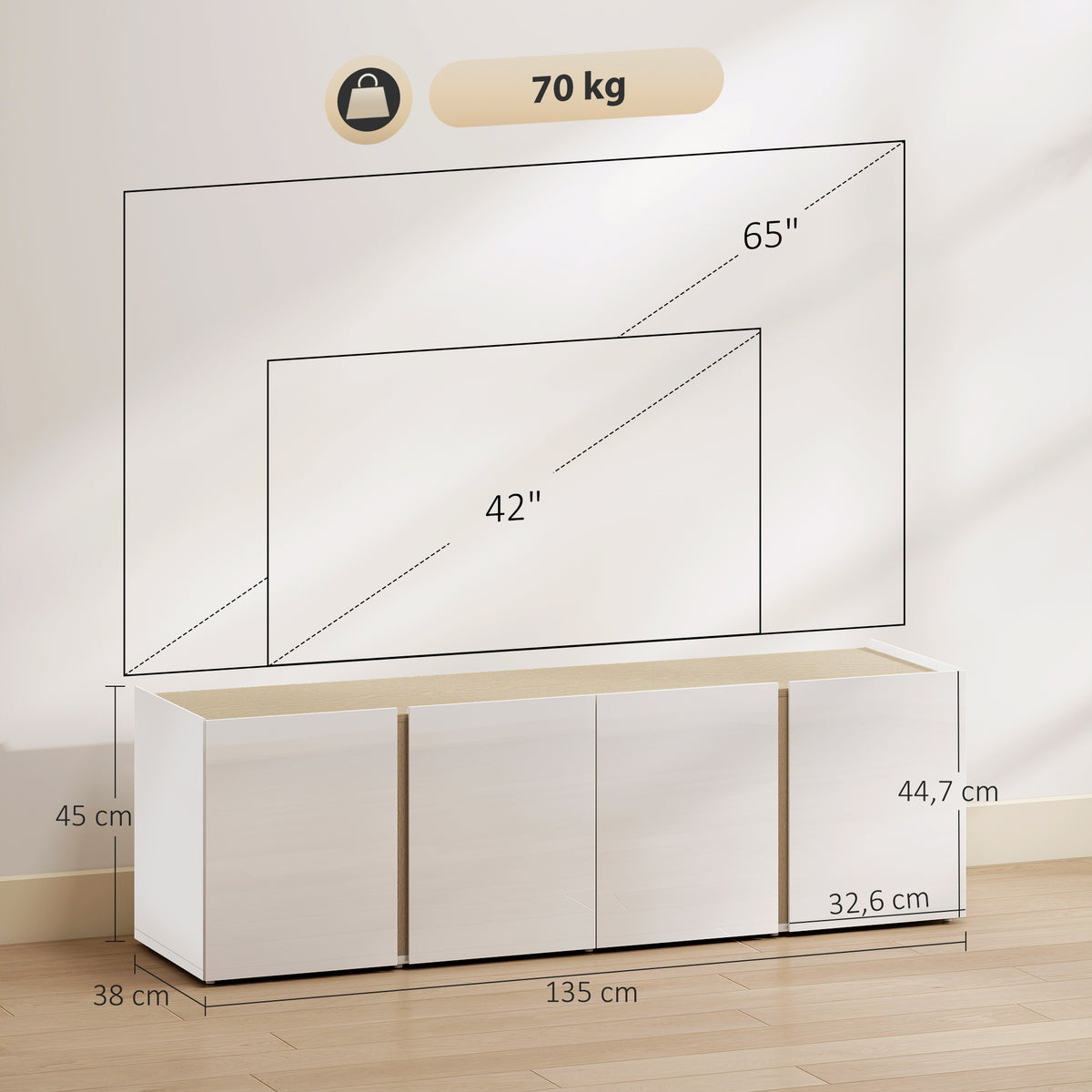 Meuble TV, banc TV avec 4 portes à fermeture amortie, étagère réglable et passe-câbles, 135 x 38 x 45 cm, blanc-2