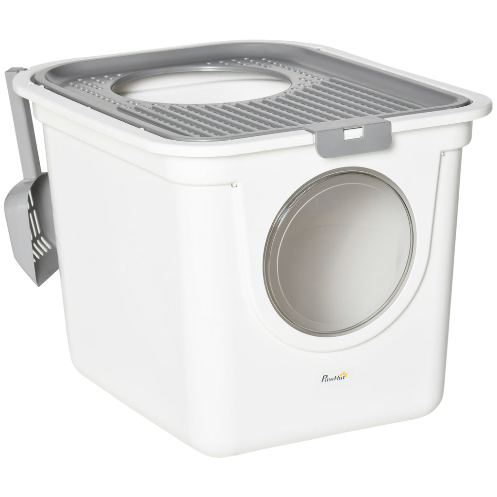 Maison de toilette Bac à litière pour chat double porte battante et supérieure, pelle fourni, 44L x 55l x 39H cm, blanc-0