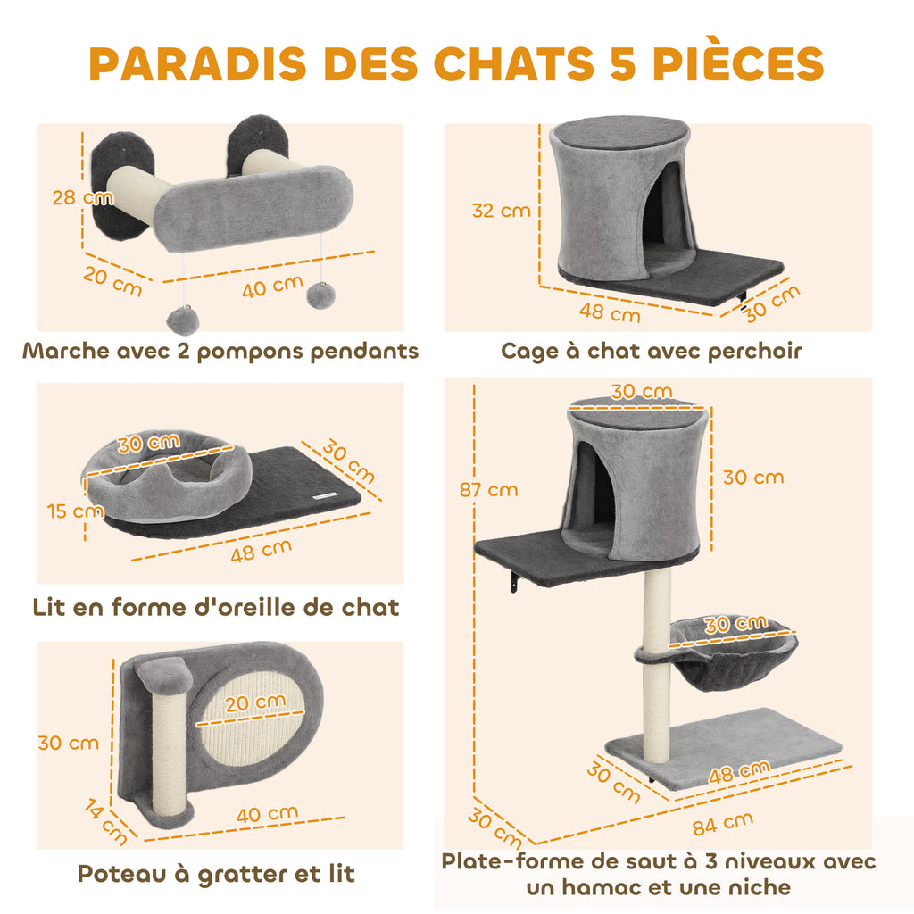 Étagères murales pour chat arbre à chat mural 5 pièces 2 niches hamac plateformes griffoirs en sisal gris-2