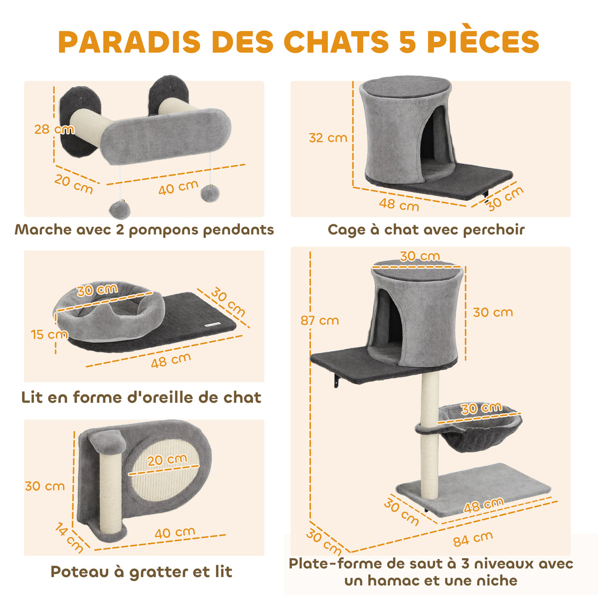 Étagères murales pour chat arbre à chat mural 5 pièces 2 niches hamac plateformes griffoirs en sisal gris-2