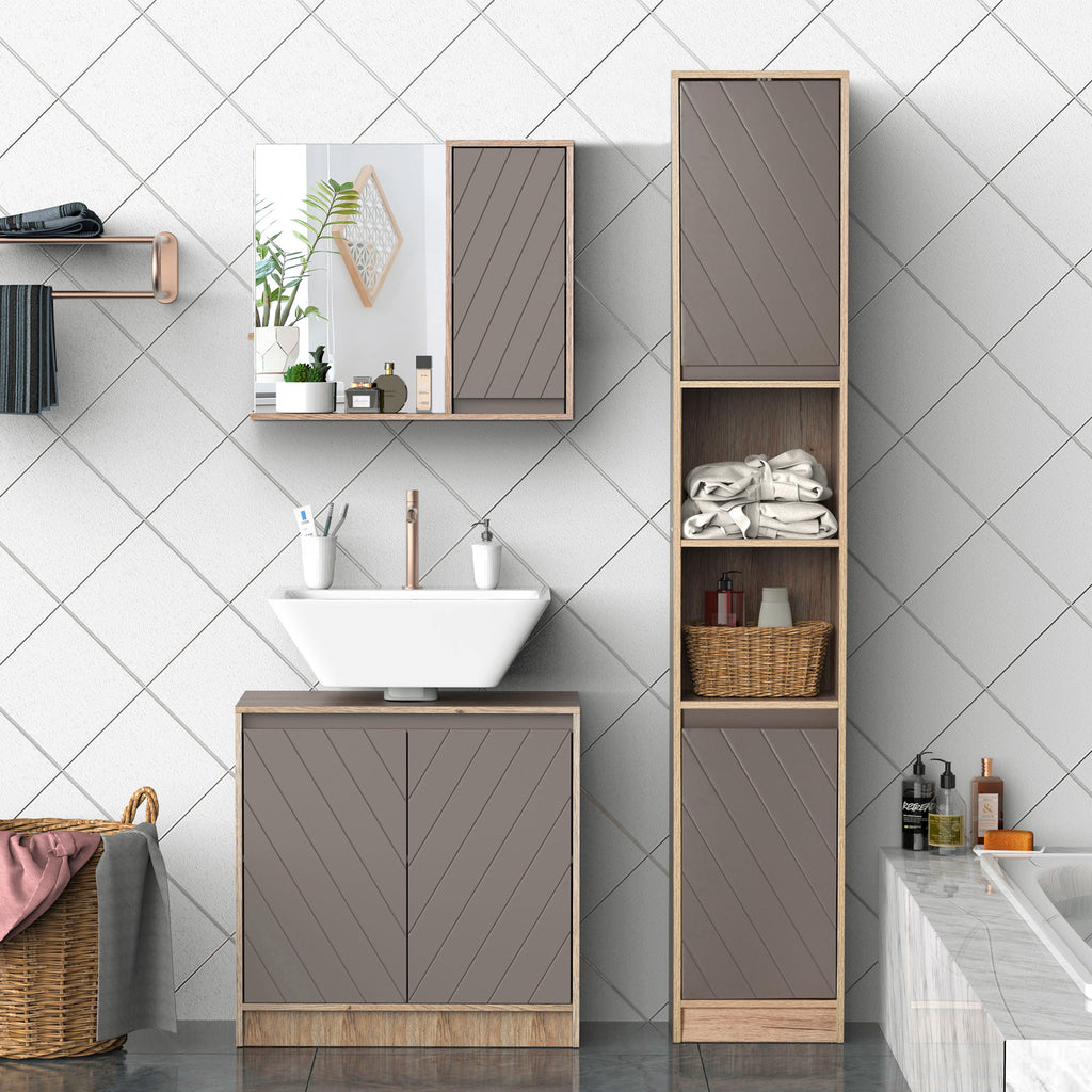 Miroir de Salle de Bain avec étagère et Placard - système Fixation intégré - Panneaux Particules chêne Clair Gris-8