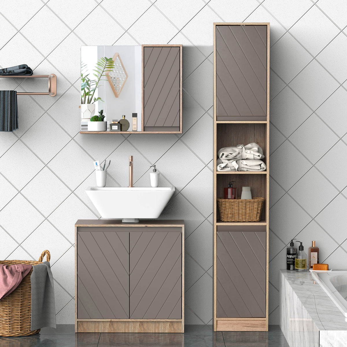 Miroir de Salle de Bain avec étagère et Placard - système Fixation intégré - Panneaux Particules chêne Clair Gris-8