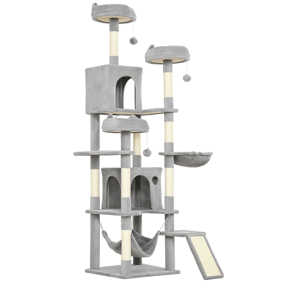 Arbre à chat tour de jeux pour chat 8 poteaux à griffer 4 plateformes 2 niches  échelle et 3 boules hauteur 192 cm gris-0