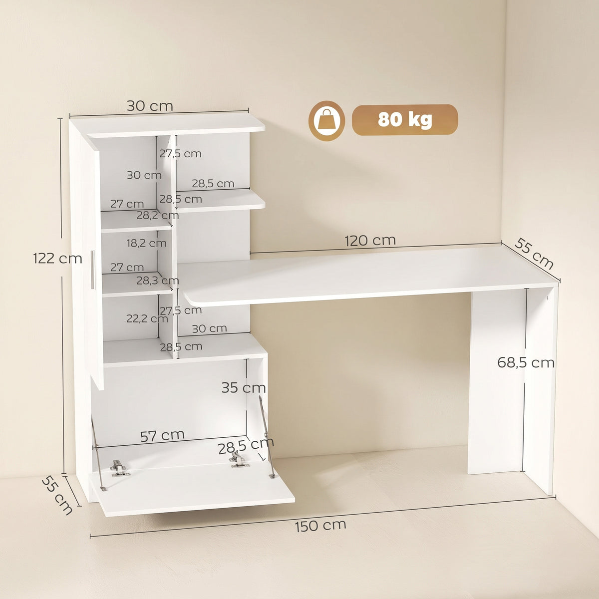 Bureau d'Ordinateur avec Bibliothèque, Bureau Informatique, Placard et Étagères Ouvertes, 150x55x122cm, Blanc-2