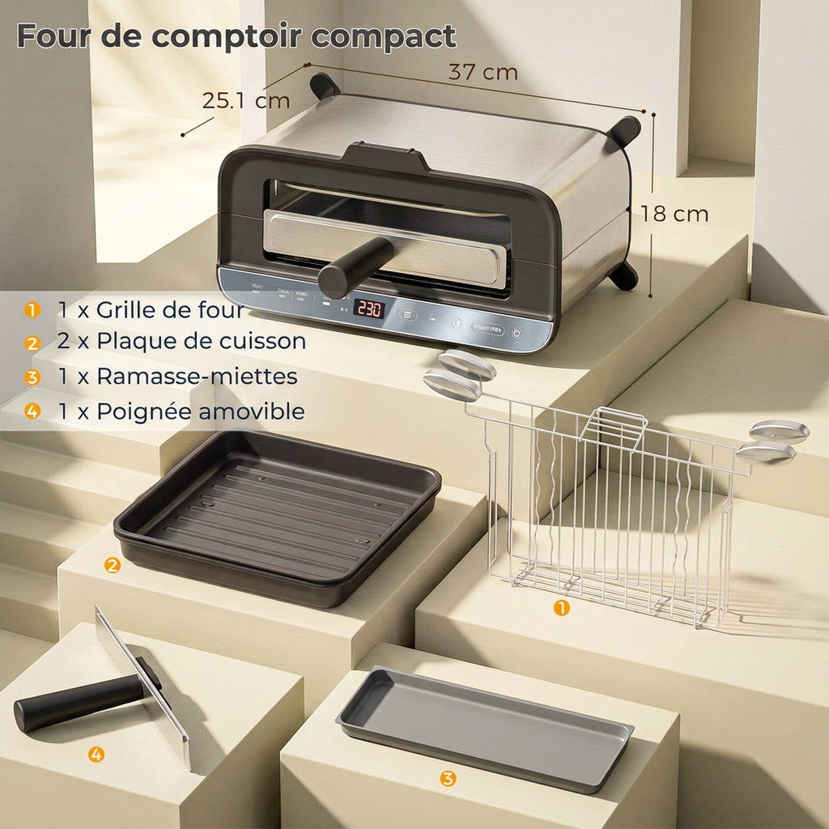 Mini-Four Électrique 3-en-1 1700 W, Grille-Pain à Fente Longue, Gril de Table 4,9L, Écran LED, Minuterie 60 min, Argenté-2