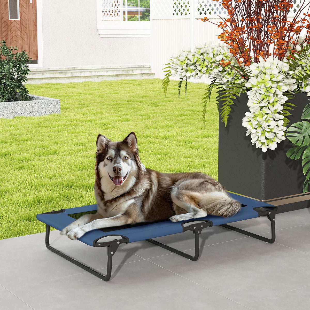 Lit surélevé pour chiens pliable rafraîchissant, lit de camp pour animaux en maille respirante 107x61x20cm bleu foncé-9