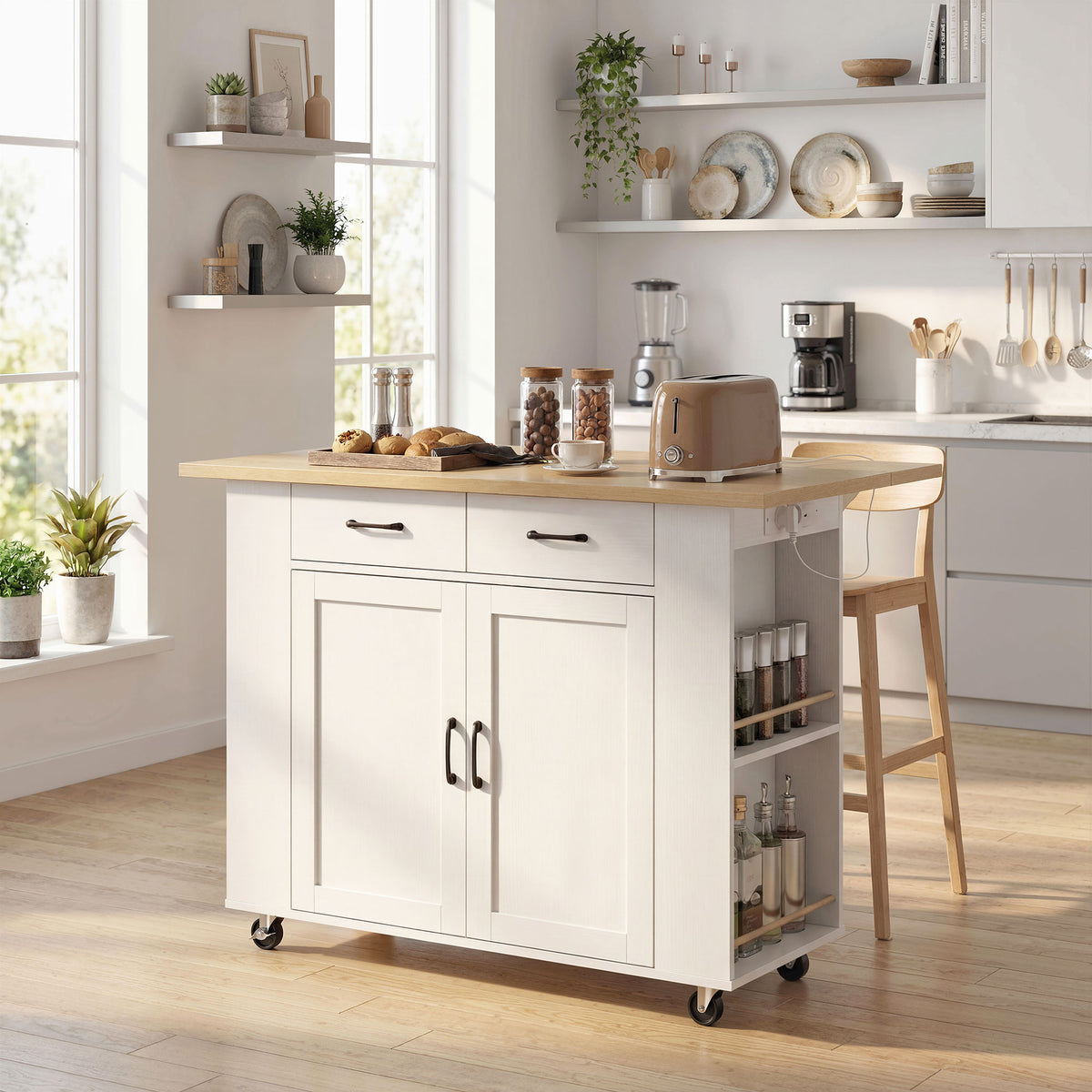 Îlot de Cuisine avec Station de Charge, Chariot de Cuisine à Roulettes avec Plan de Travail Rabattable, 2 Tiroirs, Blanc-9