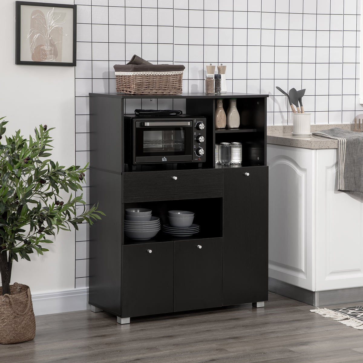 Meuble de micro-onde multi-rangements 2 placards 4 niches tiroir coulissant dim. 90L x 40l x 120H cm en bois noir-1