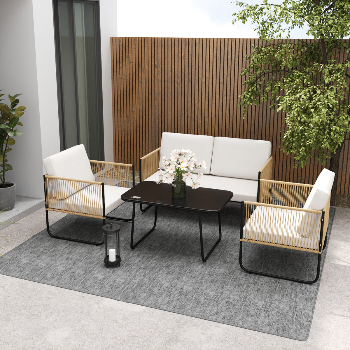 Salon de jardin 4 pièces avec canapé 2 places, 2 fauteuils, 1 table basse en verre et coussins – crème blanc-9