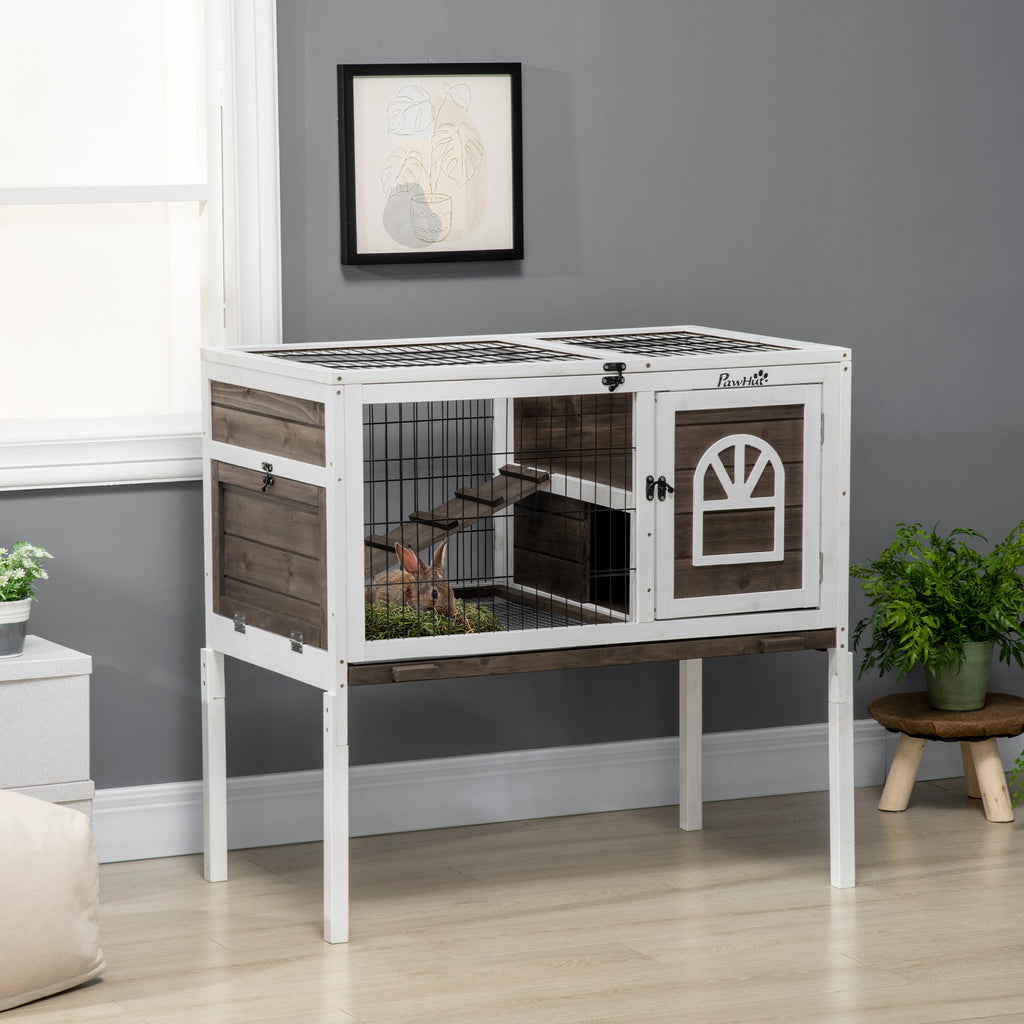 Clapier à lapins cage lapin intérieur, avec bac amovible, 2 portes verrouillables, échelle, 90 x 53 x 87 cm, café-9