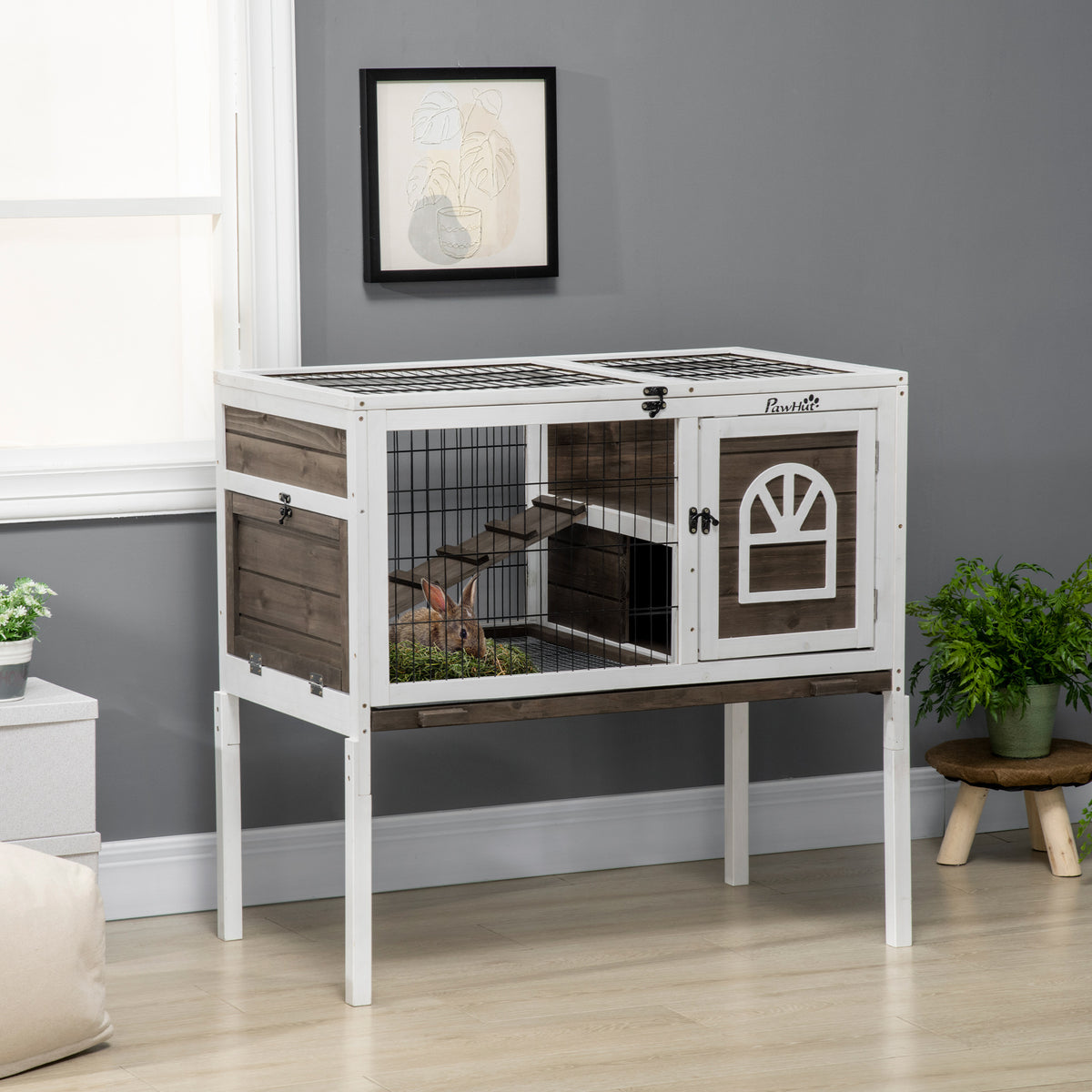 Clapier à lapins cage lapin intérieur, avec bac amovible, 2 portes verrouillables, échelle, 90 x 53 x 87 cm, café-9