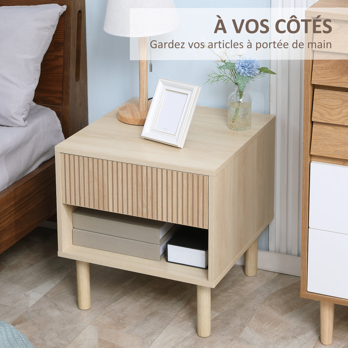 Table de chevet table de nuit avec tiroirs et niches, table d'appoint style moderne pour chambre à coucher, salon, dim. 47 x 47 x 50 cm, finition bois naturel-3