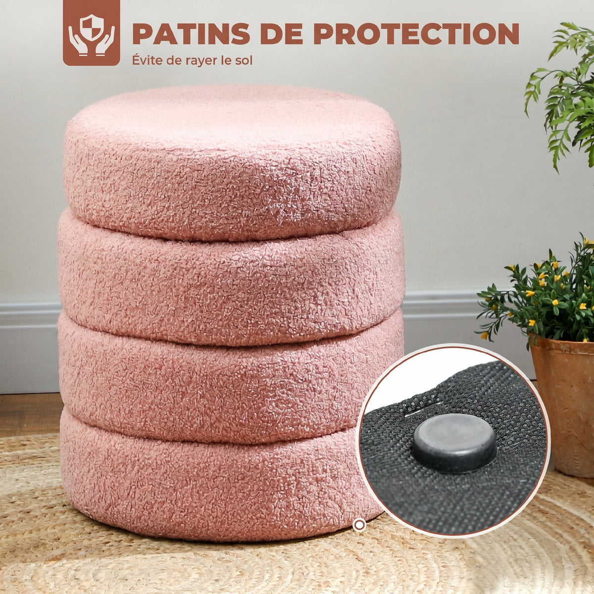 Repose pied salon, tabouret ottoman rond rembourré en peluche Teddy, pour chambre à coucher, entrée, Ø 40 x 45 cm, rose-4