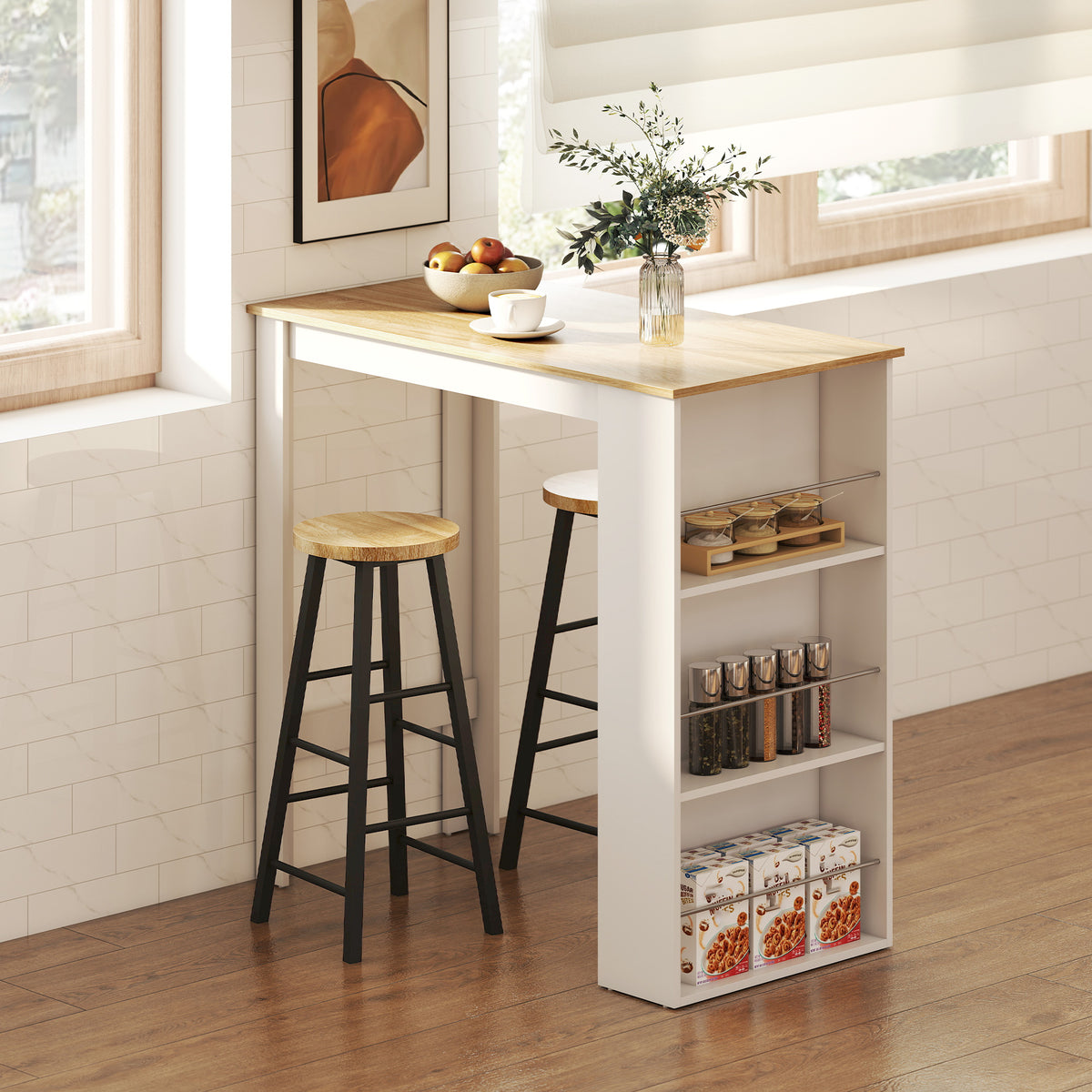 Table de bar table haute de cuisine mange-debout comptoir 112L x 57l x 106H cm - 3 étagères - aspect chêne clair blanc-1