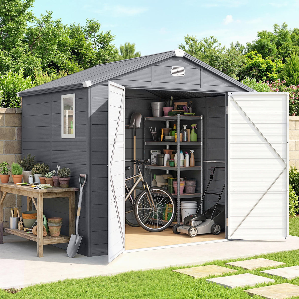Abri de jardin en résine 4,56 m² avec kit de fondation galvanisé structure en aluminium 240 x 190 x 228 cm gris foncé-8